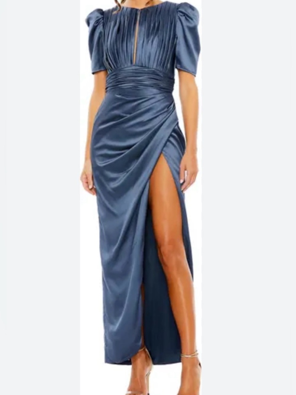 New Ieena for Mac Duggal Puff Sleeve Pleated Bodice Draped Gown Blue 14 Flawed